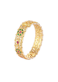 Gold Finish Temple Style Bangles Embedded With Pearls And Meenakari Work (Set of 2)