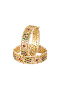 Gold Finish Temple Style Bangles Embedded With Pearls And Meenakari Work (Set of 2)