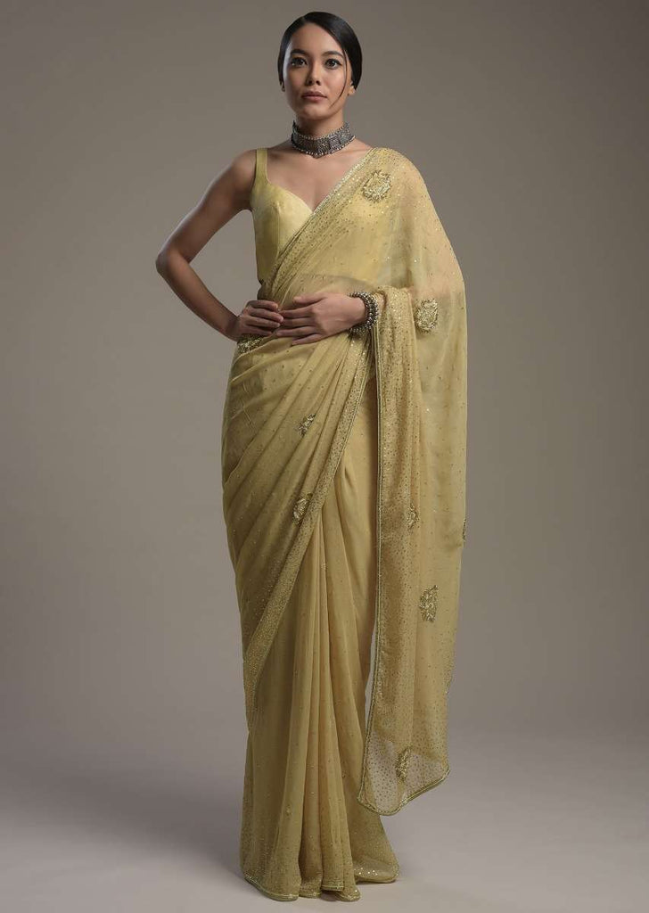 Gold Shimmer Georgette Saree With Scattered Sequins And Moti Motifs Along With Unstitched Blouse Online - Kalki Fashion