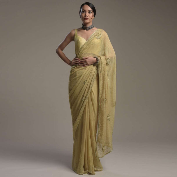 Gold Shimmer Georgette Saree With Scattered Sequins And Moti Motifs Along With Unstitched Blouse Online - Kalki Fashion