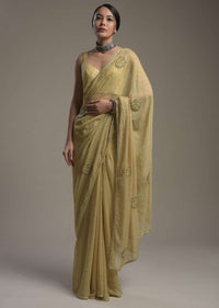 Gold Shimmer Georgette Saree With Scattered Sequins And Moti Motifs Along With Unstitched Blouse Online - Kalki Fashion