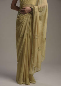 Gold Shimmer Georgette Saree With Scattered Sequins And Moti Motifs Along With Unstitched Blouse Online - Kalki Fashion