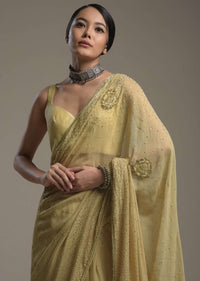 Gold Shimmer Georgette Saree With Scattered Sequins And Moti Motifs Along With Unstitched Blouse Online - Kalki Fashion