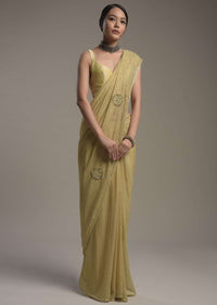 Gold Shimmer Georgette Saree With Scattered Sequins And Moti Motifs Along With Unstitched Blouse Online - Kalki Fashion