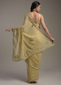 Gold Shimmer Georgette Saree With Scattered Sequins And Moti Motifs Along With Unstitched Blouse Online - Kalki Fashion