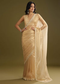Gold Tissue Embroidered Saree With Cutwork Scallop Border