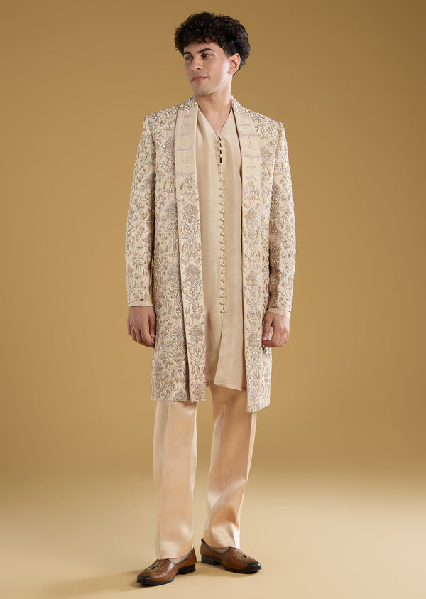 Gold Tissue Sherwani With Zari Cut Dana And Sequins Work