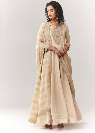 Gold Tissue Zardosi Work Floor Length Anarkali With Dupatta