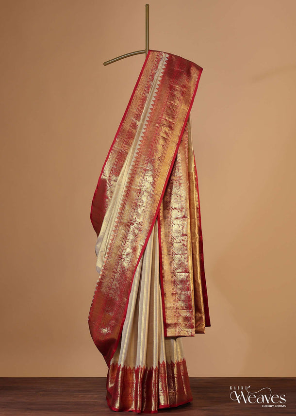 Gold-Toned Woven Kanjivaram Saree In Tissue Fabric With Red Border-Pallu And An Unstitched Blouse