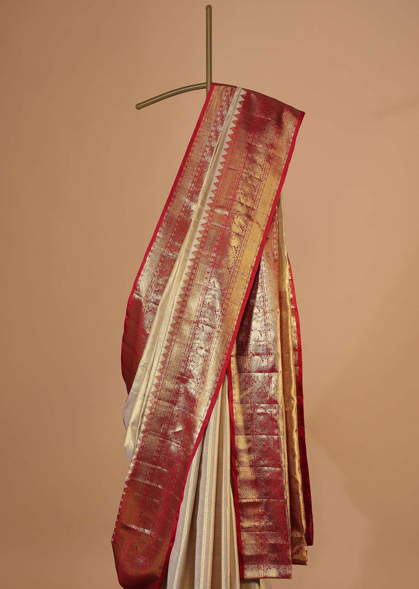 Gold-Toned Woven Kanjivaram Saree In Tissue Fabric With Red Border-Pallu And An Unstitched Blouse