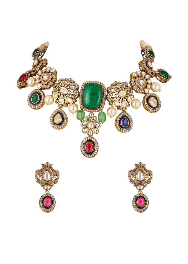 Gold Traditional Mordern Polki Necklace Set with Faux Simulated Coloured Stones