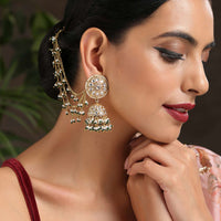 Gold And Green Jhumkas Encrusted With Kundan And Ling Pearl Hair Chain By Paisley Pop