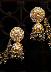Gold And Green Jhumkas Encrusted With Kundan And Ling Pearl Hair Chain By Paisley Pop