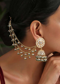 Gold And Green Jhumkas Encrusted With Kundan And Ling Pearl Hair Chain By Paisley Pop