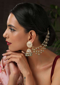 Gold And Green Jhumkas Encrusted With Kundan And Ling Pearl Hair Chain By Paisley Pop