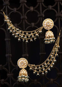 Gold And Green Jhumkas Encrusted With Kundan And Ling Pearl Hair Chain By Paisley Pop