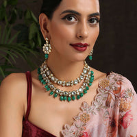 Gold And Green Layered Necklace Set With Kundan Work And Green Stone Drops By Paisley Pop