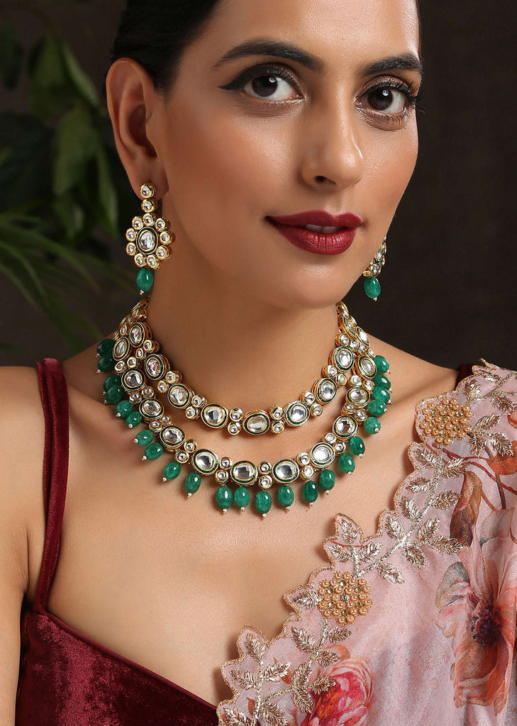 Gold And Green Layered Necklace Set With Kundan Work And Green Stone Drops By Paisley Pop