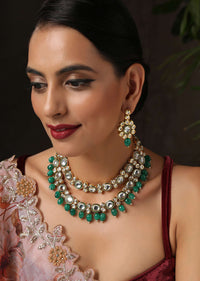 Gold And Green Layered Necklace Set With Kundan Work And Green Stone Drops By Paisley Pop