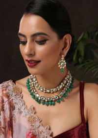 Gold And Green Layered Necklace Set With Kundan Work And Green Stone Drops By Paisley Pop