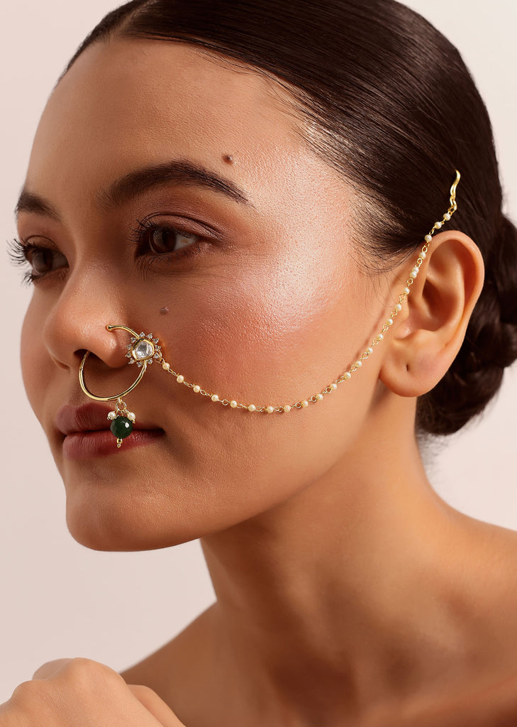 Gold And Green Mix Metal Kundan Nose Ring