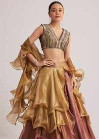 Gold And Mauve Organza Embellished Lehenga Set