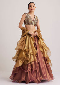 Gold And Mauve Organza Embellished Lehenga Set