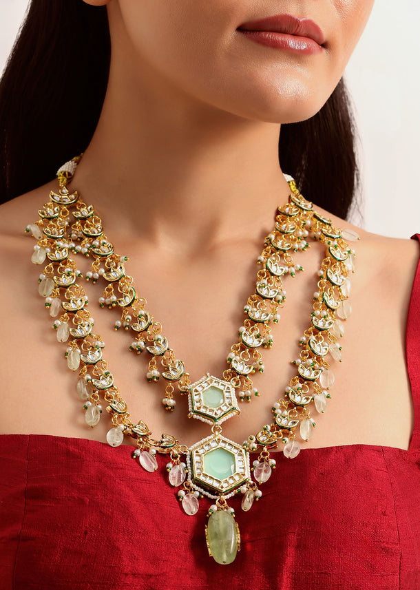 Gold And Mint Green Kundan Jewellery Necklace Set In Mix Metal