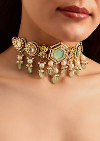 Gold And Mint Green Kundan Jewellery Necklace Set In Mix Metal