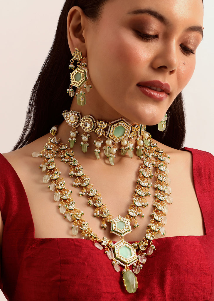 Gold And Mint Green Kundan Jewellery Necklace Set In Mix Metal