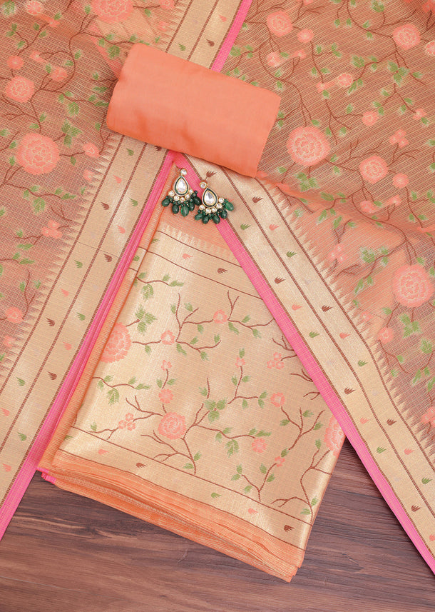 Gold And Peach Paithani Woven Silk Dress Material