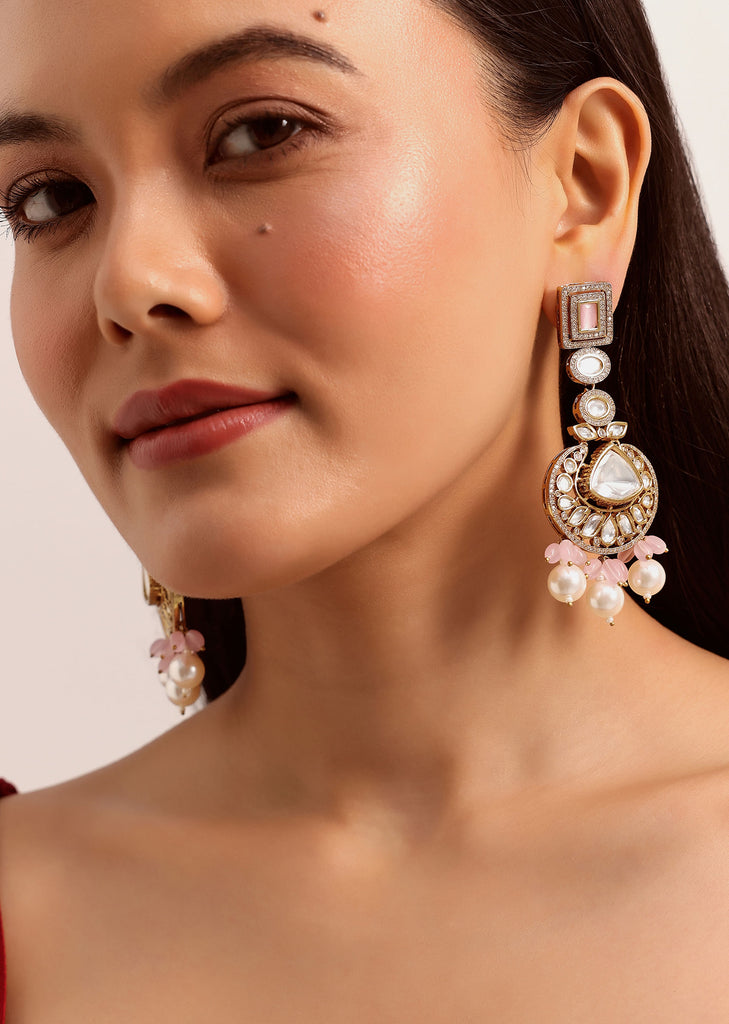 Gold And Pink Kundan Dangler Earrings