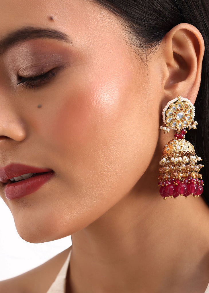 Gold And Red Kundan Dangler Earrings In Mix Metal