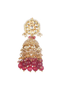 Gold And Red Kundan Dangler Earrings In Mix Metal