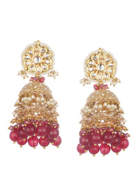 Gold And Red Kundan Dangler Earrings In Mix Metal