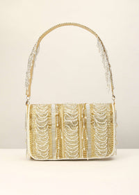 Gold And Silver Embroidered Clutch Bag With Cut Dana Work And Pearl Loops