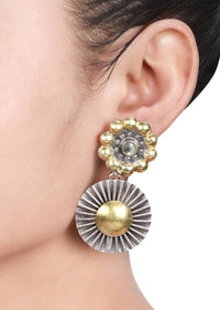 Gold And Silver Plated Earrings With Carved Floral And Sun Design Made In Sterling Silver By Sangeeta Boochra