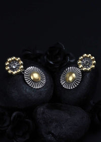 Gold And Silver Plated Earrings With Carved Floral And Sun Design Made In Sterling Silver By Sangeeta Boochra