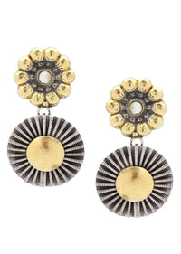 Gold And Silver Plated Earrings With Carved Floral And Sun Design Made In Sterling Silver By Sangeeta Boochra
