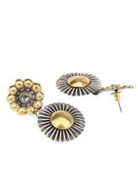Gold And Silver Plated Earrings With Carved Floral And Sun Design Made In Sterling Silver By Sangeeta Boochra