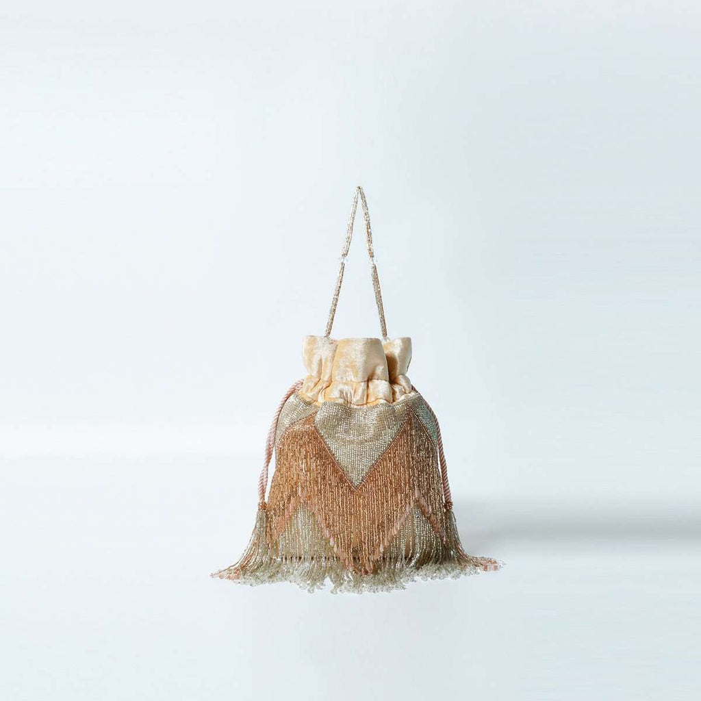 Gold And Silver Potli Bag In Velvet With Bead Fringes In Chevron Design Online - Kalki Fashion