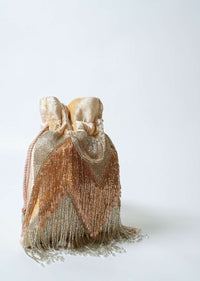 Gold And Silver Potli Bag In Velvet With Bead Fringes In Chevron Design Online - Kalki Fashion