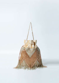 Gold And Silver Potli Bag In Velvet With Bead Fringes In Chevron Design Online - Kalki Fashion