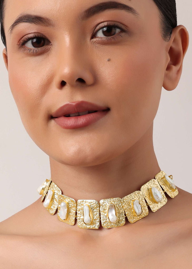 Gold And White Geometric Choker With Mother Of Pearls