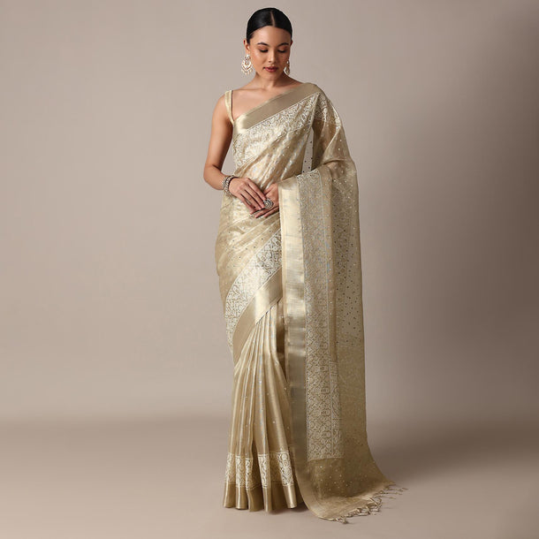 Gold And White Kota Chanderi Kota Silk Saree With Mirror Work And Unstitched Blouse Piece