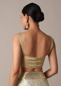 Gold And White Kota Chanderi Kota Silk Saree With Mirror Work And Unstitched Blouse Piece