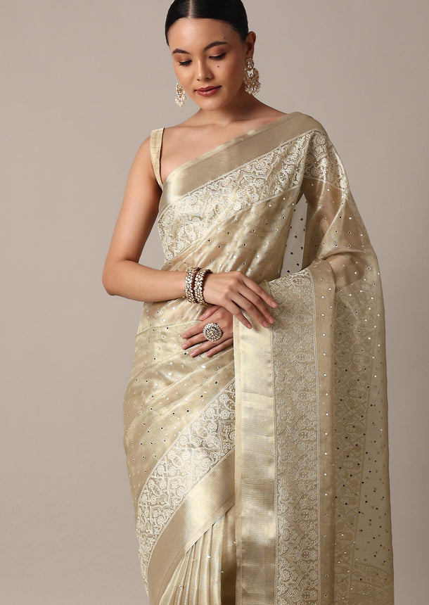 Gold And White Kota Chanderi Kota Silk Saree With Mirror Work And Unstitched Blouse Piece