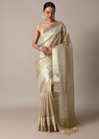 Gold And White Kota Chanderi Kota Silk Saree With Mirror Work And Unstitched Blouse Piece