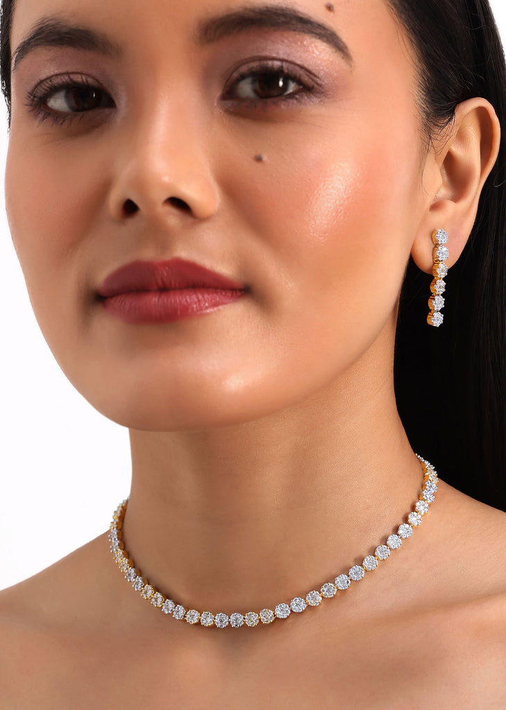 Gold And White Kundan Diamond Necklace Set In Mix Metal