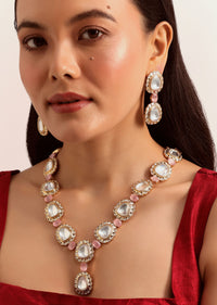 Gold And White Mix Metal Kundan Long Necklace Set